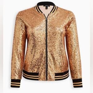 Torrid Sequin Bomber Jacket Gold Bling Full Zip Black Hem Pockets Plus Sz 5X NWT